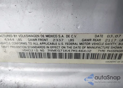 2007 Volkswagen Jetta Wolfsburg Edition из США, поврежденный, VIN 3VWEG71K47M146402